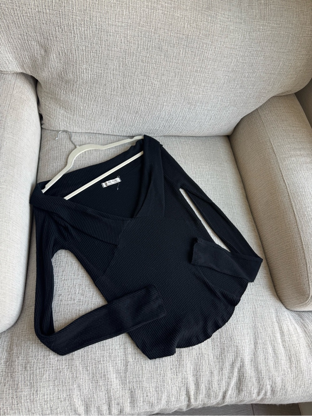 We The Free Black Ribbed V-Neck Long Sleeve Top